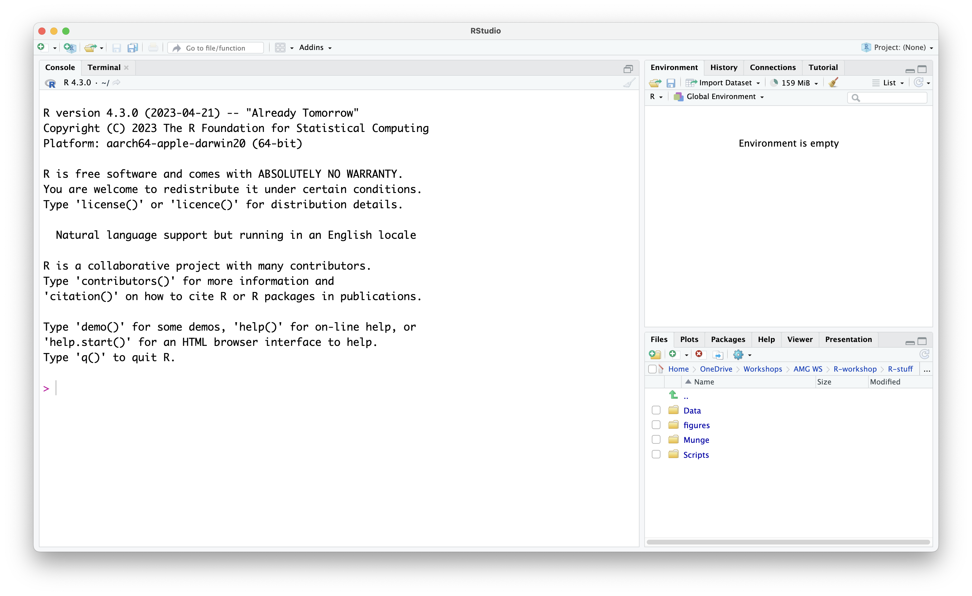 Screenshot showing the RStudio interface with three main panes: the console on the left, the environment/history/connections tab in the top-right pane, and the plots/packages/help tab in the bottom-right pane. Menus and toolbars are located at the top.